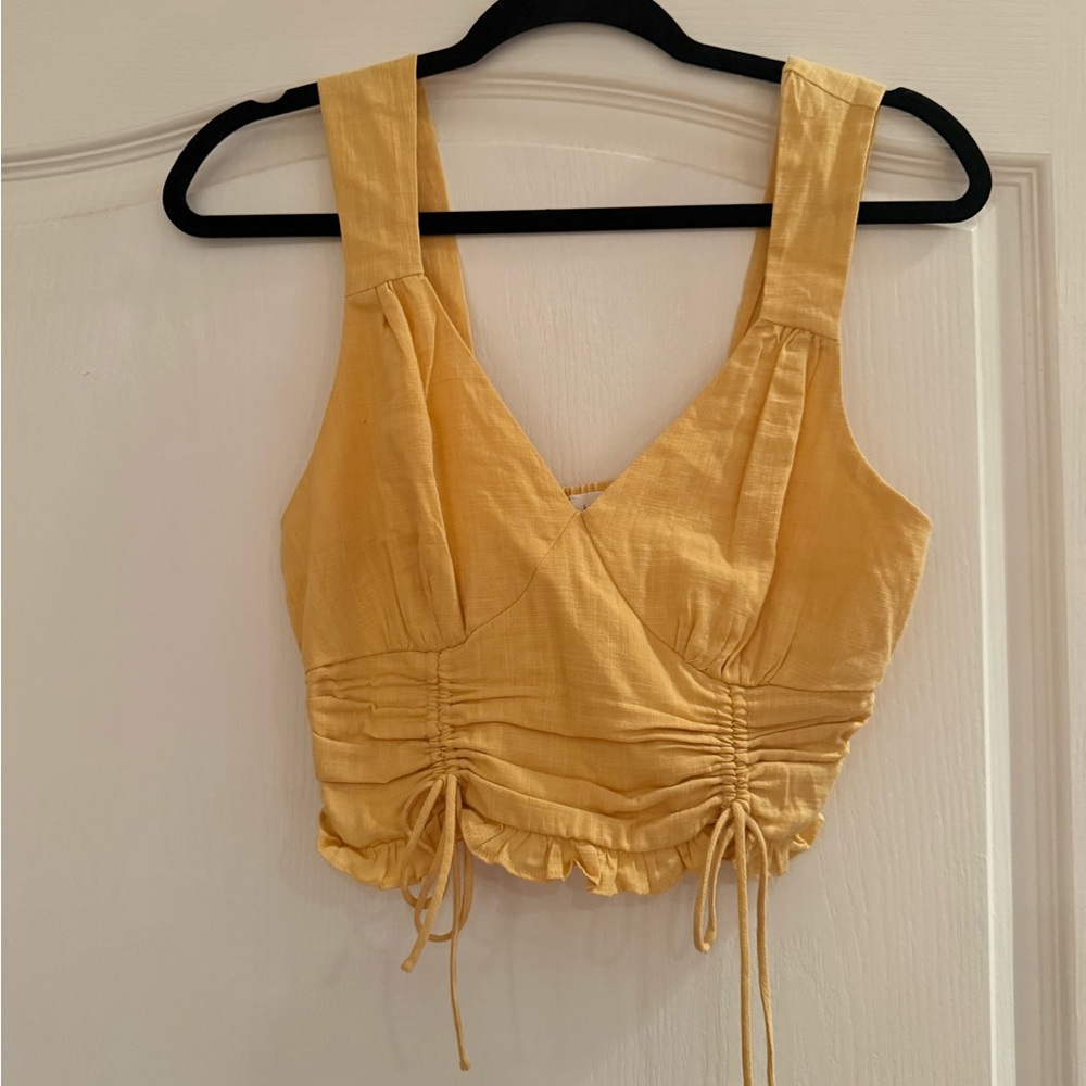 LE LIS Linen Ruched Crop Top • Butter Yellow • Size S NWOT Pristine